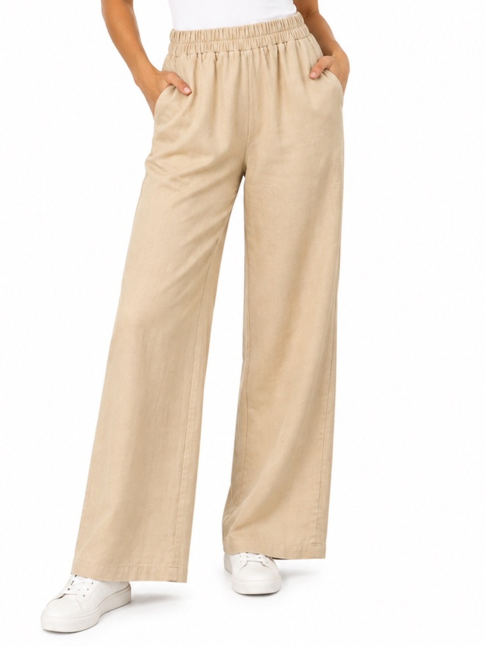 LOMON Wide Leg Pants Medium Beige Elastic Waist Pull On NWT